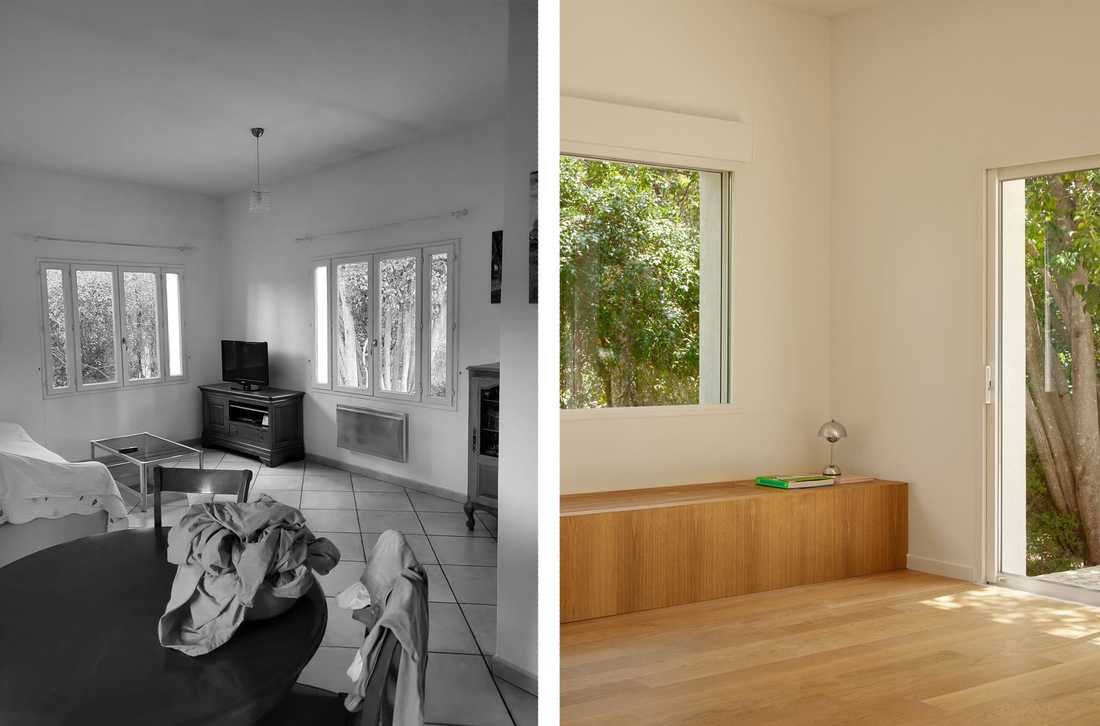 Avant - Après : Salon d'une maison provençale après les travaux de rénovation