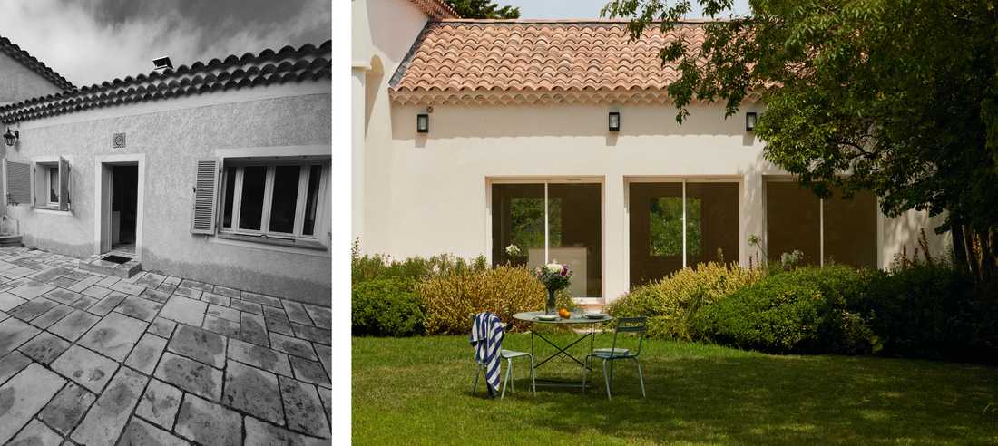 Avant - Après : Supression d'une terrasse en carrelage pour créer un jardin paysager