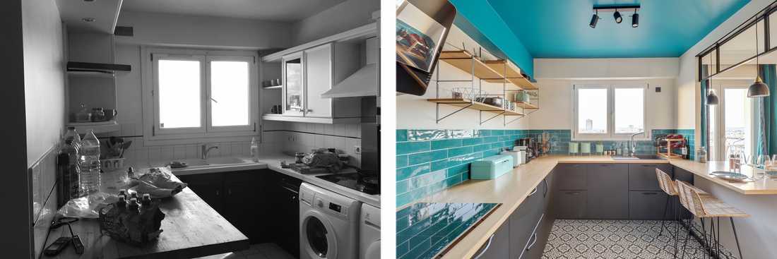 Avant - après : Cuisine bleu canard aménagé par un architecte d'intérieur
